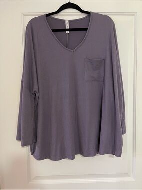 Nellie Mae Women’s Dusty Lavender Ribbed V-Neck Pocket Long Sleeve Top - Size XL
